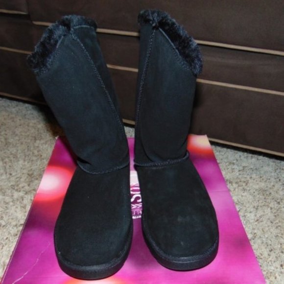 Womens Winter Boots SO Black 7 Mid Calf Pull On Plush Suede Button Fx Fur Trim - Picture 7 of 11